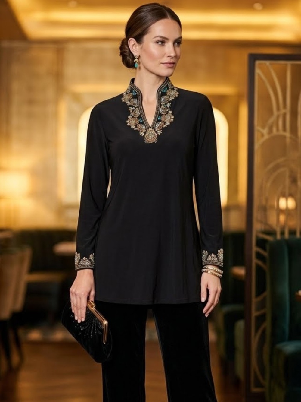 Anthony Richards Tunic Top Long Sleeve Floral Jersey Knit Stretch Boho-Chic Sz M